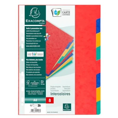 Image de Exacompta Réf. 1408E Carton de 25 intercalaires en véritable carte lustrée souple 225g/m2 FSC® avec 8 onglets neutres Format à classer A4 Dimensions 22,5 x 29,7 cm couleurs assorties