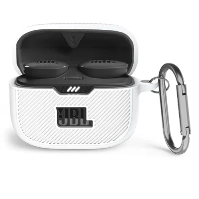 Image de MOWYEOK coque en silicone compatible avec JBL Tune 130NC TWS, portable et résistante aux chocs, avant LED visible, pour accessoires de boîtier TWS mousqueton