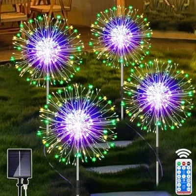 Image de Joycome Lampe Solaire Exterieur Jardin 4 x 120 LED Feu d&#039;artifice avec Télécommande, 8 Modes Étanche Éclairage Extérieur de Pissenlit pour Pelouse Terrasse Deco Multicolore