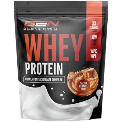 Image de Poudre de protéine whey 1000 g (Caramel salé) avec part d&#039;isolat jusqu&#039;à 22 par portion soluble instantanée BCAA &amp; EAA