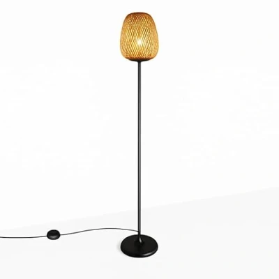 Image de B·LED BARCELONA LED BarcelonaLED Lampadaire en osier bambou bois vintage moderne nordique noir avec culot E27 pour éclairage de lecture intérieur salon studio
