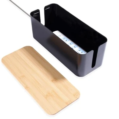 Image de Boîte De Rangement pour Câbles : avec Couvercle en Bambou Gestion des Organiser Les Et Dissimuler (Noir)