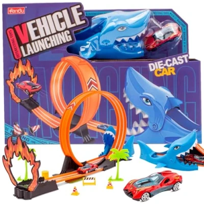 Image de sun baby Circuit de Course Requin 3+ Lanceur, avec Boucle, Voiture Course, Autocollants Dimensions du 128x24x4 cm