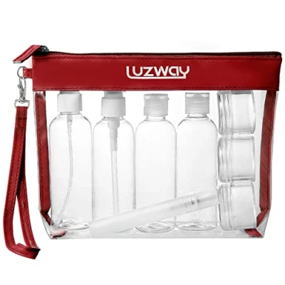 Image de LUZWAY Trousse de Toilette Transparente + 8 Bouteilles Vide Voyage pour Liquides(Max.100ml), Kit l’Avion,Set dans Bagages à Main, Sac Cosmétiques Hommes et Femmes