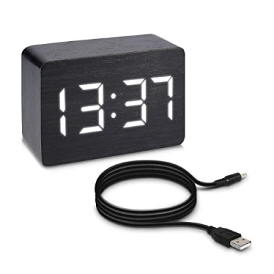 Image de kwmobile Réveil Bois LED Horloge Digitale Aspect Matin Tactile avec Fonction Date Heure Température Rectangle Noir et Blanc