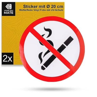 Image de Autocollant pour interdiction de fumer, 2 pcs, Ø 20 cm diamètre, film autocollant, adhésif extérieur, No Smoking Sticker, panneau d&#039;interdiction fumer des cigarettes