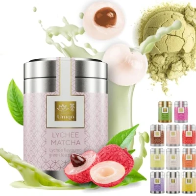 Image de Tea Uniqo litchi matcha en Poudre Idéal pour le thé à bulles, la glace ou les smoothies latte au goût Sans colorants artificiels dans une boîte élégante
