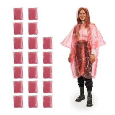 Image de Relaxdays Ponchos de Pluie jetables, Lot 20, avec Capuche et Ouverture pour Les Bras, Unisexe, Rouge
