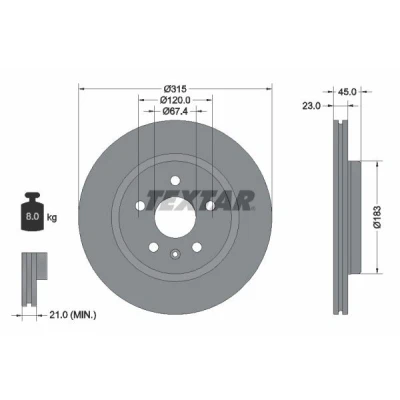 Image de TEXTAR 92315803 Disque de frein 315 23 05/06 120 ventilé l&#039;intérieur revêtu sans roulement roue, boulon fix moyeu roue