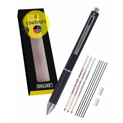 Image de Online Multipen Stylo multicolore 4 en 1 bille 3 couleurs et crayon avec gomme un multifonction métal I Biro bleu, noir, rouge Couleur : noir