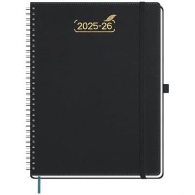 Image de BEZEND Agenda 2025 2026 A4 Spirale 28 x 22 cm Semainier 25 26 avec Double Horaire 1 Semaine 2 Pages 18 Mois Du juil. à déc. Couverture Souple en Cuir PU Noir
