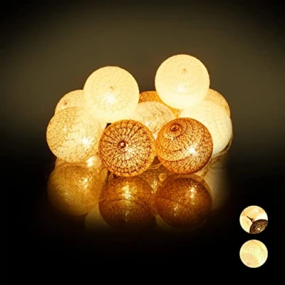 Image de Relaxdays 10024370_880 Guirlande Lumineuse LED, 10 Boules Coton, Fonction Piles, Lumières d’Ambiance, Sphères Ø6 cm, Blanc Gris Marron, polystyrène, 160 cm