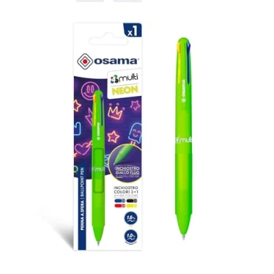 Image de OSAMA 4 Multi Neon Stylo à bille multicolore 1,0 mm, stylos colorés couleurs personnalisées encre noir bleu rouge et jaune fluo (Mina 1,6 mm), papeterie école bureau université