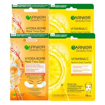 Image de Garnier SkinActive Hydra Bomb Masque Yeux contre Cernes avec Jus d&#039;Orange et Acide Hyaluronique Effet Glace 4 Patch + Vitamine C Visage en Tissu Hydratant Illuminant 2 Masques