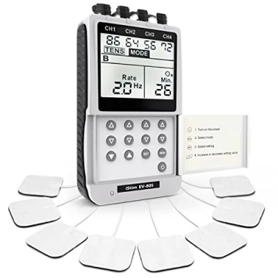 Image de iSTIM EV 805 TENS EMS Unité de machine combinée à 4 canaux Stimulateur musculaire + Soulagement et gestion des maux dos. Comprenant 16 électrodes TENS/EMS