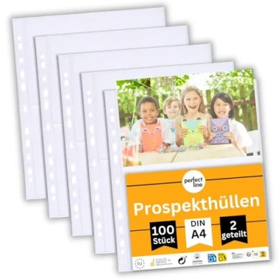 Image de perfect line 100 pochettes transparentes de rangement pour collections, format A4, perforées translucides, divisées en 2 compartiments (A5 paysage), pochette plastique incolore avec ouverture haut