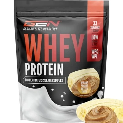 Image de Whey Protein Complex 1000 g (Beurre de cacahuète Banane) avec part d’isolat Protéine instantanée BCAA &amp; EAA German Elite Nutrition