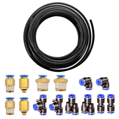Image de HUAZIZ 10 Meter PolyuréthaneTuyau Pneumatique 4 mm le noir, PU Tuyau Air, avec 14 Connecteur 4mm (2 Droits, 2 Coudes, Raccords en T, Séparateurs Y, 6 Filetés Mâle)