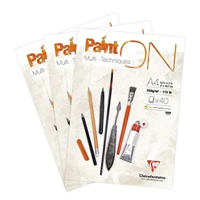 Image de Clairefontaine 96537AMZC Un lot de 3 blocs encollés papier dessin Paint&#039;On 40 feuilles 21x29,7 cm 250g, Blanc