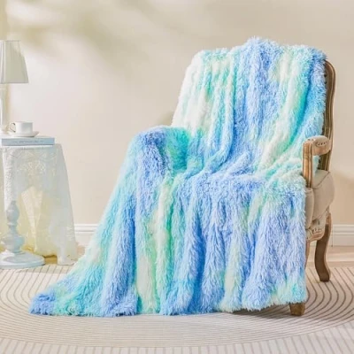 Image de EMME Fausse Fourrure Couverture Moelleuse, 130 x 150cm Tie Dye Bleu Turquoise, Super Douce, Pelucheuse, Épaisse et Élégante, Shaggy à Longs Poils, Chaud Confortable Réversible