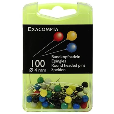 Image de Exacompta Réf. 14345E Boîte de 100 épingles signalisation sphériques Hauteur la pointe 15 mm Diamètre 4 Adaptés pour les plans ou cartes, itinéraires 6 couleurs assorties