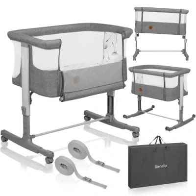 Image de lionelo Aurora 3 en 1 Lit bébé jusqu&#039;à 9 kg Cododo, Berceau Réglage de la Hauteur et l’Inclinaison du Matelas 4 roulettes avec Freins Ergonomique Sac (Grey)