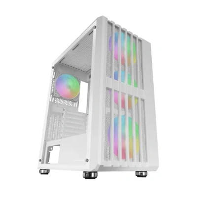 Image de MARSGAMING MC VAULT, Boîtier Gaming ATX, 4x Ventilateurs ARGB 120mm, Panneau Avant Mesh avec Design Vertical, Fenêtre Latérale Verre Trempé, 3x Slots PCI Verticaux, Semi Tour PC Professionnelle, Blanc