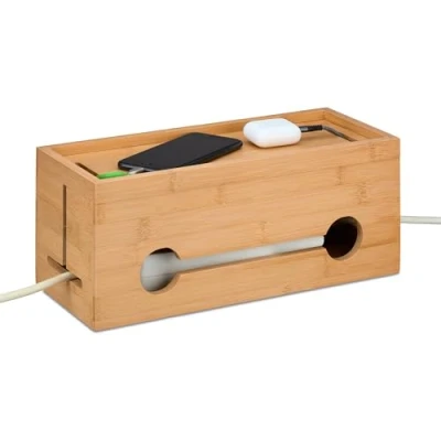 Image de Relaxdays Boîte Cache câbles, en Bambou, pour 2 multiprises, H x L P : 14 34,5 cm, Nature