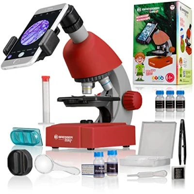 Image de Bresser Junior Microscope pour enfants éclairage LED réglable support smartphone préparation de spécimens et échantillons préparés l&#039;éducation l&#039;exploration microcosmique Rouge