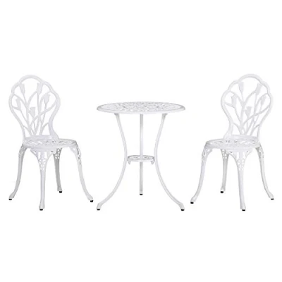 Image de Ensemble salon de jardin 2 places chaises + table ronde fonte d&#039;aluminium imitation fer forgé blanc