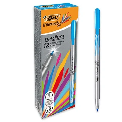 Image de BIC Intensity Stylo Feutre d&#039;écriture Pointe Medium et Corps métallisé Bleu clair, Boîte de 12