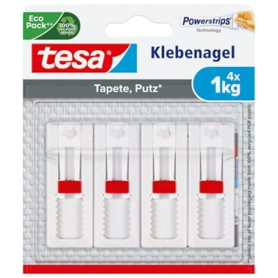 Image de Tesa 77774 Lot de 4 Clous adhésifs Réglables en Hauteur pour Papier peint et Plâtre Blanc 1 kg