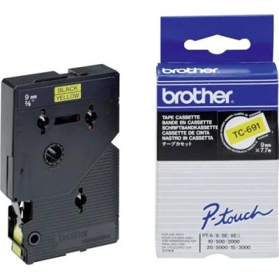 Image de Brother TC 691 cassette à ruban originale pour étiqueteuse Noir sur Jaune 9 mm