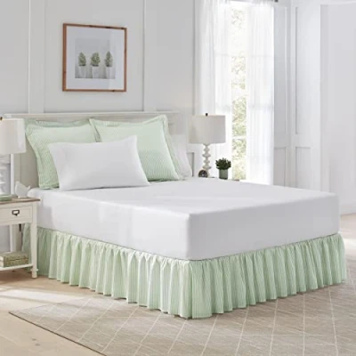 Image de Laura Ashley Home Cache sommier à Volants en Coton, léger de Style Classique, Rayures Vertes, lit Simple