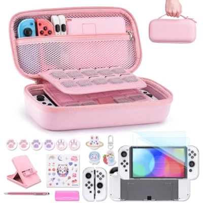 Image de Accessoires pour NS Switch OLED innoAura 18 en 1 Pack avec Étui Switch, de Jeu Protecteur d&#039;Ecran OLED, Support Poignées Pouce (Rose)