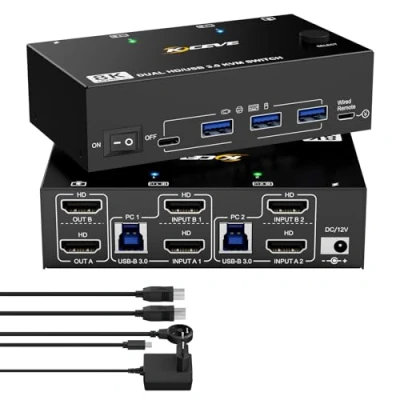 Image de KVM commutateur 2 PC moniteurs HDMI 8K @ 60 Hz, YOUTINGHDAV USB 3.0 4K 120 double moniteur 2.1 pièces, souris, clavier, avec câbles