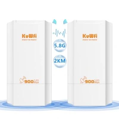 Image de KuWFi Pont WiFi Ethernet 5GHz 900Mbps, 2KM Extérieur Point to Bridge, PtP/PtMP Long Distance Pont, 12dBi sans Fil CPE, IP65 étanche, Utilisé dans Entrepôts Chantiers Fermes Garages etc