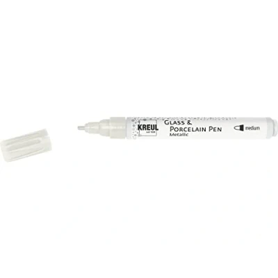 Image de Kreul 16418 Stylo porcelaine métallique brillant à base d&#039;eau avec pointe arrondie indéformable, épaisseur de trait env. 2 4 mm, sans solvant, blanc perle