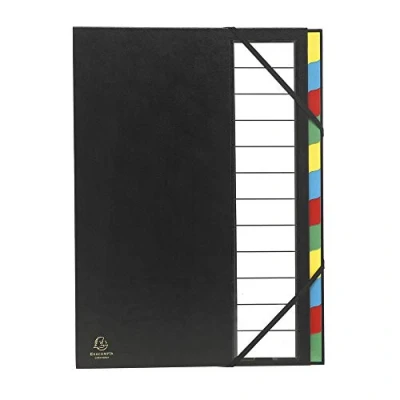 Image de Exacompta Réf. 55340E 1 trieur Ordonator avec élastiques couverture rigide en carton onglets neutres porte étiquette 12 compartiments dim 23,5x 33,5 cm pour A4 couleurs aléatoires