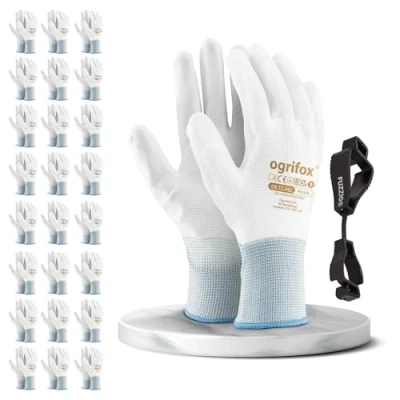 Image de FUZZIO 24 paires de gants travail Ogrifox enduits et porte gant avec clip pour (M 8, Blanc)