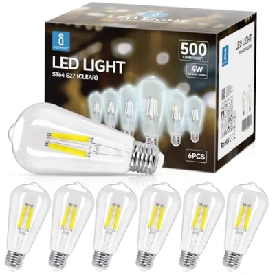 Image de Aigostar Ampoule LED Filament E27,Blanc Froid 6500K,500LM,4W Equivalent à Incandescente 42W,Rétro ST64,Non dimmable, Lot de 6