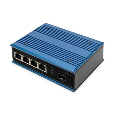 Image de DIGITUS Commutateur réseau PoE 5 Ports Fast Ethernet 4X RJ45 + 1x Port SFP Non géré 10/100 Mbps Rail DIN et Montage Mural IP40 série Industrielle Bleu