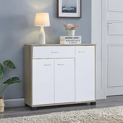 Image de [en.casa] Armoire Basse Meuble Rangement Commode Buffet pour Entrée Salon Chambre Panneau de Particules 72 x 80 28 cm Effet Chêne Blanc