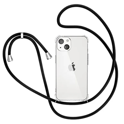 Image de XTCASE Collier pour iPhone 13 Coque, Etui de Téléphone avec Cordon Tour Cou Lanière en Corde Transparente Silicone Housse Cordage Lanyard Case, Noir