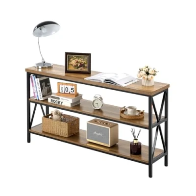 Image de VEVOR Table Console étroite pour canapé, 140 x 34 76,2 cm, d&#039;entrée Longue à 3 Niveaux, Meuble avec Cadre en métal, Couloir, Salon, Bureau et Chambre Coucher, Marron Noir
