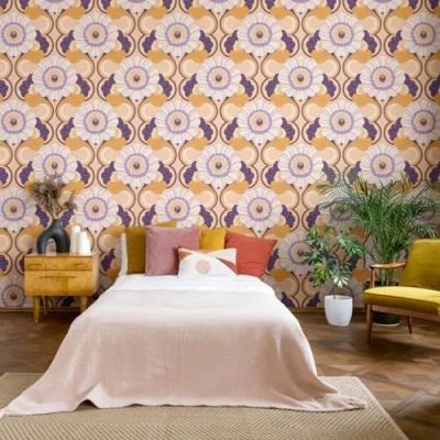 Image de A.S. Création 395303 Papier peint intissé style rétro années 70 8,50 m x 0,53 Motif floral Beige Jaune Violet Crème Lilas