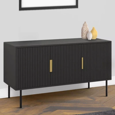 Image de Buffet 110 cm MARCEL noir 3 portes effet lattes