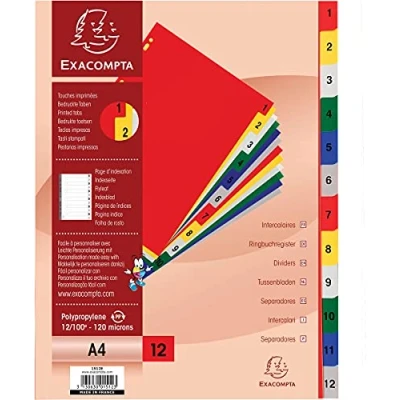 Image de Exacompta Réf. 1512E Carton de 20 intercalaires en polypropylène avec 12 onglets imprimés numériques 1 à couleur Page d&#039;indexation imprimable Format classer A4 Dim 22,5 x 29,7 cm