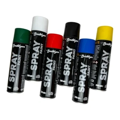 Image de Bastelzone Lot de 6 bombes aérosol 200 ml séchage rapide pour graffiti &amp; déco Noir, Blanc, Bleu, Vert, Rouge, Jaune (6 Couleurs)