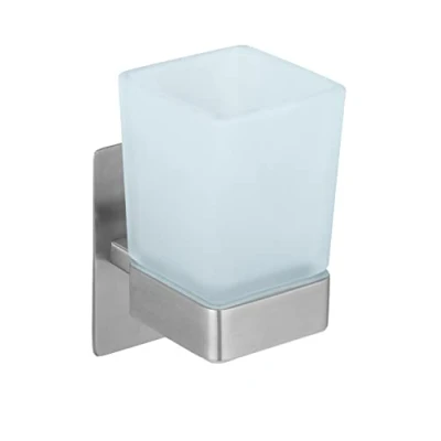 Image de Wenko Turbo Loc Genova Mural Ustensiles de Brossage à Dents Fixer sans Perçage, Support en Acier Inoxydable, Gobelet Verre Satiné 6,2 X 13,2 9 Cm, Matt